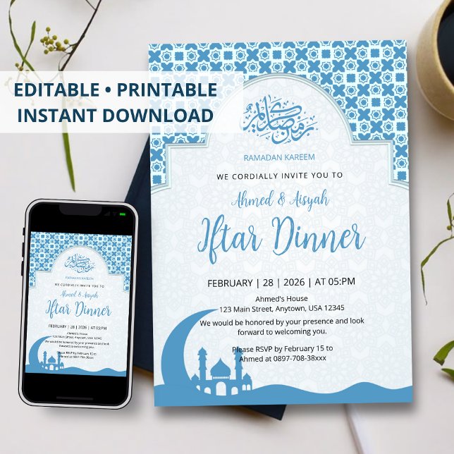 Invitación Blue Islamic Pattern Iftar Dinner Invitation (Subido por el creador)