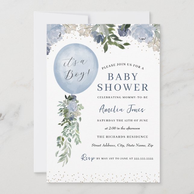 Invitación Blue It's a Boy Balloon Baby Shower (Anverso)