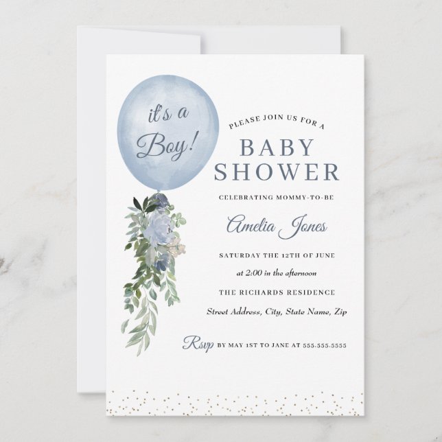 Invitación Blue It's a Boy Balloon Baby Shower (Anverso)