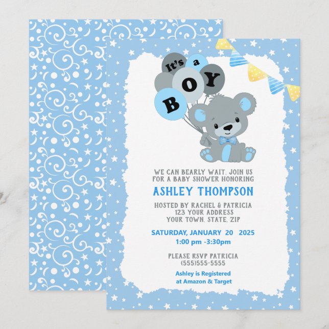 Invitación Blue It's a Boy Bear Balloons Baby Shower (Anverso / Reverso)