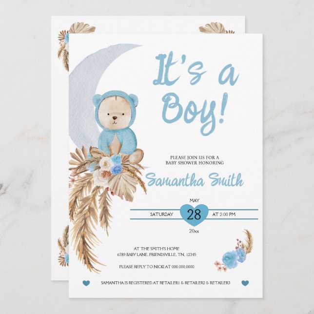 Invitación Blue It's A Boy Boho Bear Moon Baby Shower (Anverso / Reverso)