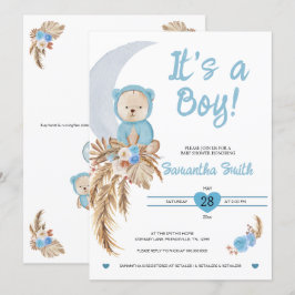 Invitación Blue It's A Boy Boho Bear Moon Baby Shower