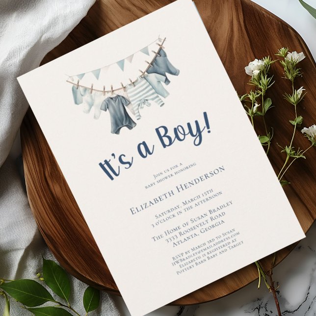 Invitación Blue It's a Boy Clothesline Baby Shower (Subido por el creador)