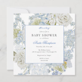 Invitación Blue It's a Boy Floral Bow Baby Shower