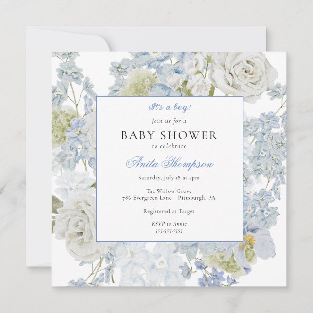 Invitación Blue It's a Boy Floral Bow Baby Shower (Anverso)
