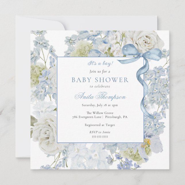 Invitación Blue It's a Boy Floral Bow Baby Shower (Anverso)