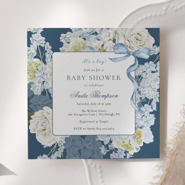 Invitación Blue It's a Boy Floral Bow Baby Shower (Subido por el creador)