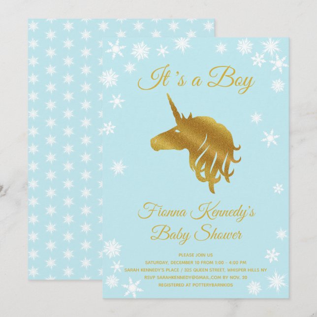 Invitación Blue It's a Boy Unicorn Winter Baby Shower (Anverso / Reverso)