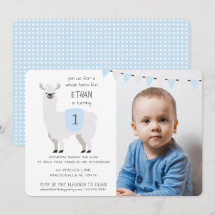 Invitación Blue & Ivory Cute Llama Niños Fiesta de cumpleaños
