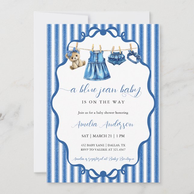 Invitación Blue Jean Baby Clothesline Watercolor Baby Shower (Anverso)