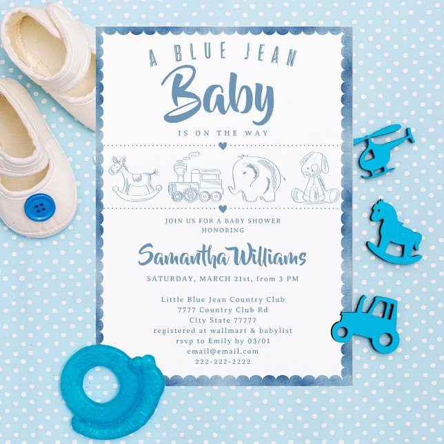 Invitación Blue Jean Baby Cute Toys Denim Baby Shower (Blue Jean Baby Cute Toys Denim Cute Casual Modern Western Country Baby Shower Invitation)
