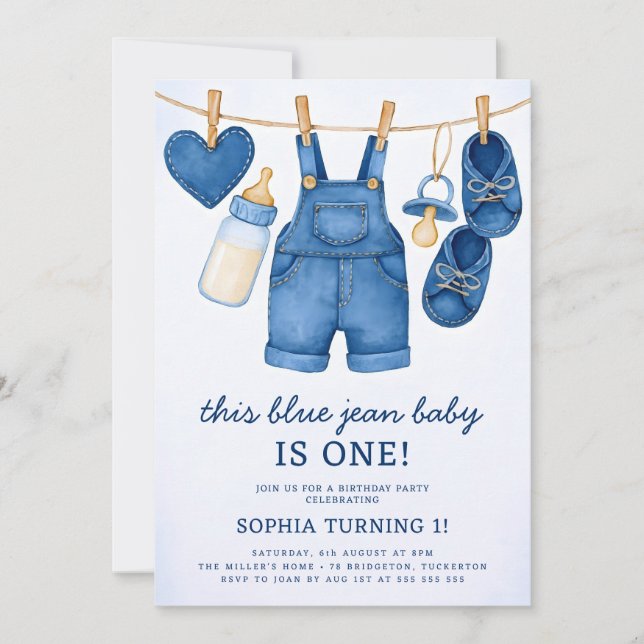 Invitación Blue Jean Baby Modern Denim Primer cumpleaños (Anverso)
