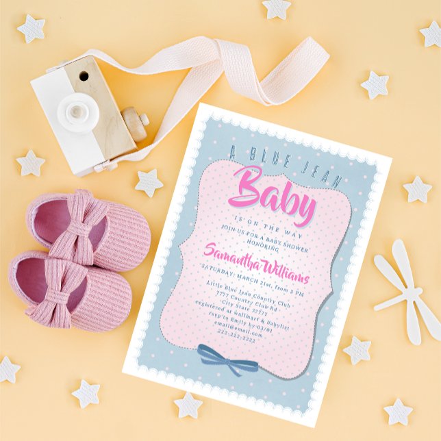 Invitación Blue Jean Baby Pink Cute Denim Girl Baby Shower (Blue Jean Baby Pink Cute Denim Blue & Pink Western Country Polka Dots Girl Baby Shower Invitation)