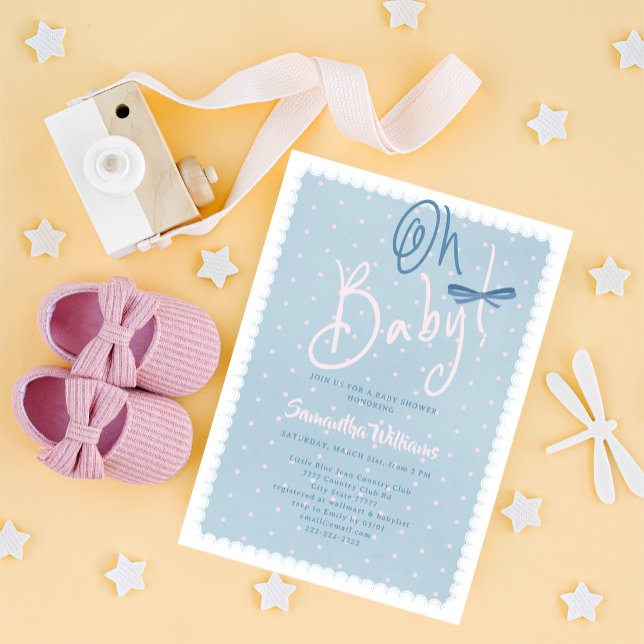 Invitación Blue Jean Baby Pink Dots Denim Girl Baby Shower (Blue Jean Oh Baby Pink Polka Dots Denim Coquette Bow Western Country Girl Baby Shower Invitation)