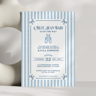 Invitación Blue Jean Baby Shower Coastal Stripe Bows