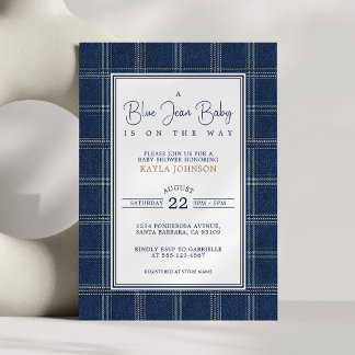 Invitación Blue Jean Baby Shower Preppy Plaid Script