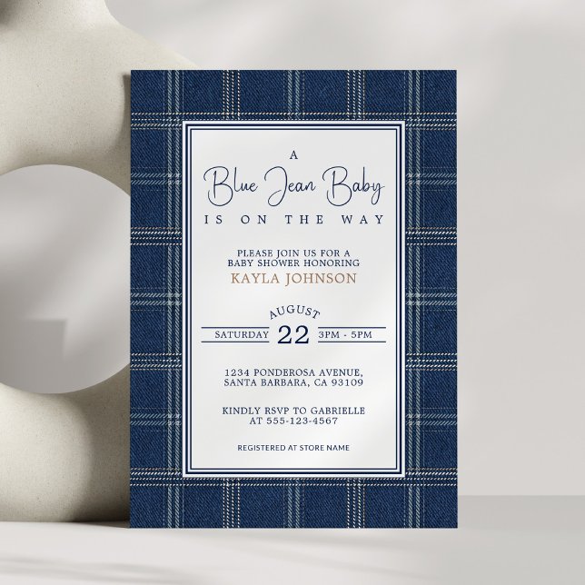 Invitación Blue Jean Baby Shower Preppy Plaid Script (Subido por el creador)