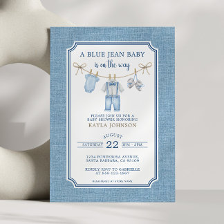 Invitación Blue Jean Baby Shower Watercolor Clothesline