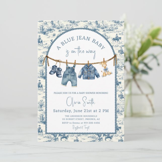 Invitación Blue Jean Denim Boy Baby Shower (Anverso de pie)