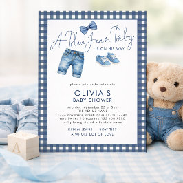 Invitación Blue Jean Denim Boy Gingham Baby Shower 