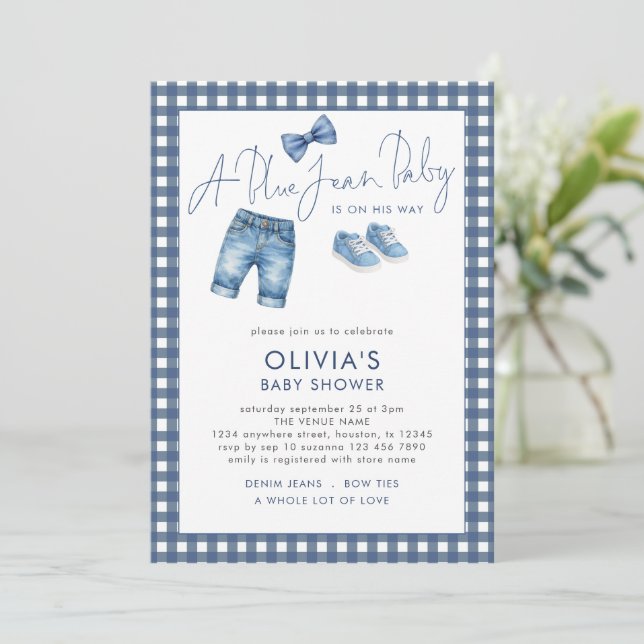 Invitación Blue Jean Denim Boy Gingham Baby Shower  (Anverso de pie)