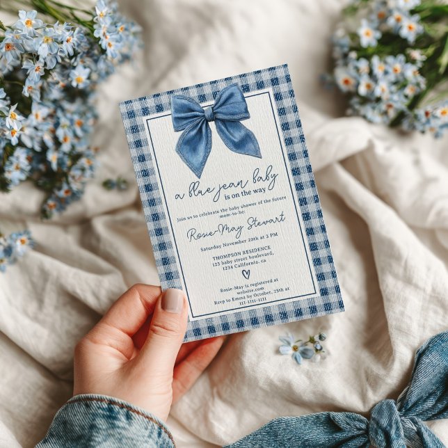Invitación Blue Jean Denim Coquette Bow Gingham Baby Shower (Blue Jean Denim Coquette Bow Gingham Baby Shower Invitation)