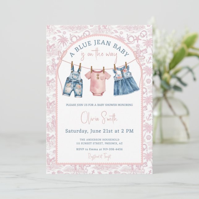 Invitación Blue Jean Denim Girl Baby Shower (Anverso de pie)