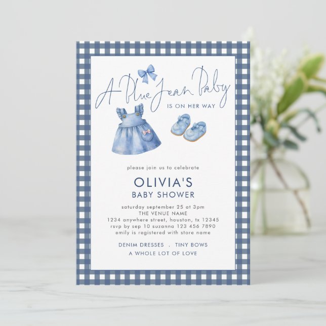 Invitación Blue Jean Denim Girl Gingham Baby Shower  (Anverso de pie)