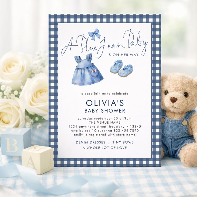 Invitación Blue Jean Denim Girl Gingham Baby Shower  (Subido por el creador)