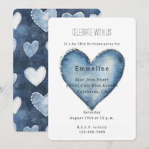 Invitación Blue Jean Denim Heart Birthday
