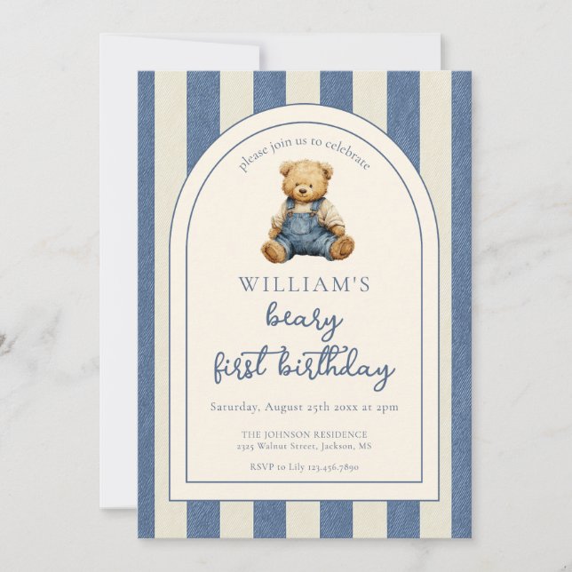 Invitación Blue Jean Denim Teddy Bear 1st Birthday (Anverso)