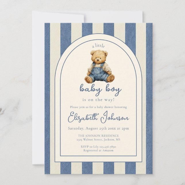 Invitación Blue Jean Denim Teddy Bear Boy Baby Shower (Anverso)