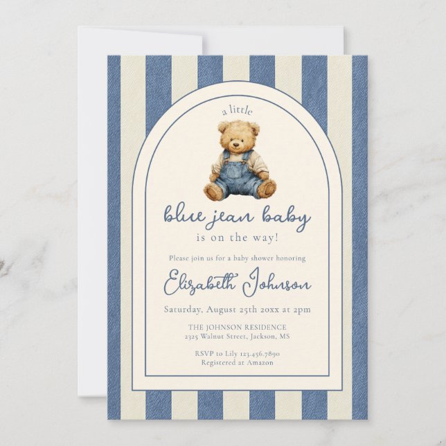 Invitación Blue Jean Denim Teddy Bear QR Code Baby Shower (Anverso)