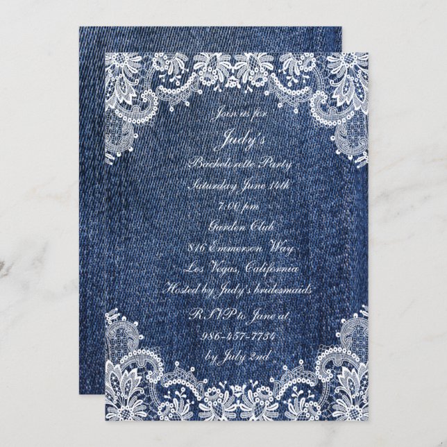 Invitación Blue Jean Denim Y Lace Bachelorette Party (Anverso / Reverso)