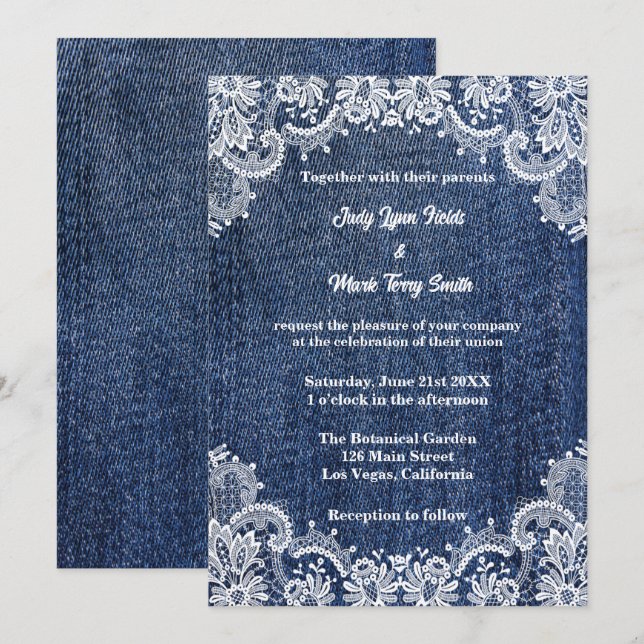 Invitación Blue Jean Denim Y Lace Boda (Anverso / Reverso)