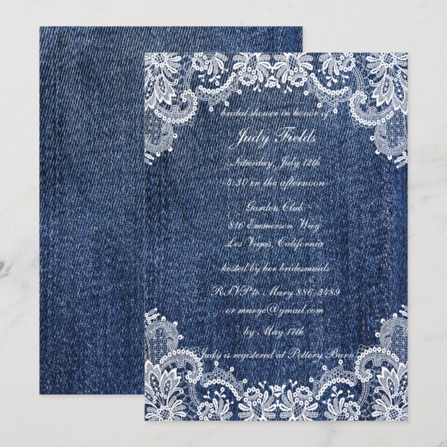 Invitación Blue Jean Denim Y Lace Bridal Shower (Anverso / Reverso)