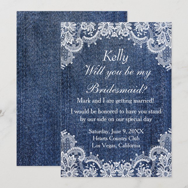 Invitación Blue Jean Denim Y Lace Bridesmaid (Anverso / Reverso)