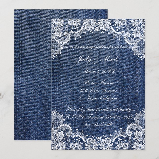Invitación Blue Jean Denim Y Lace Engagement Party (Anverso / Reverso)