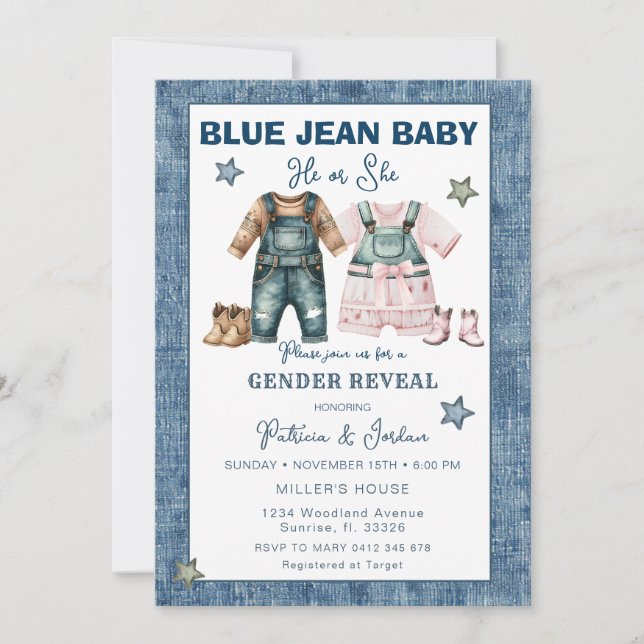 Invitación Blue Jean Gender Reveal, He or She  (Anverso)