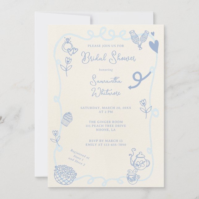 Invitación Blue Jean Scene Doodle Bridal Shower (Anverso)