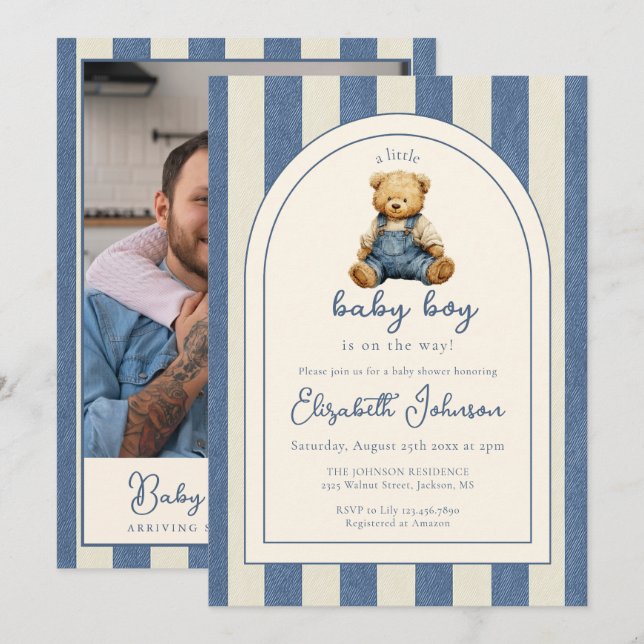 Invitación Blue Jean Teddy Bear Photo QR Code Boy Baby Shower (Anverso / Reverso)