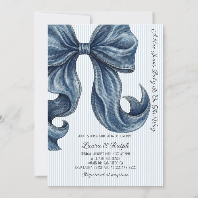 Invitación Blue Jeans Striped Bow Baby Shower (Anverso)