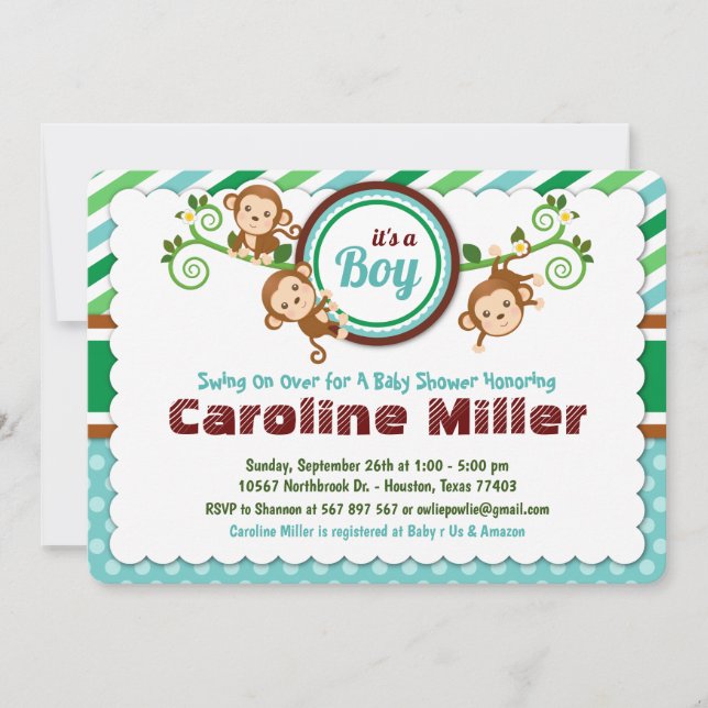 Invitación Blue Junkey Monkey Safari Animal Boy Baby Shower (Anverso)