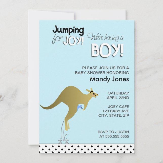 Invitación Blue Kangaroo Salto para la ducha de bebé Joy Boy (Anverso)