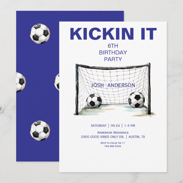 Invitación Blue Kickin it Soccer Birday Party (Anverso / Reverso)