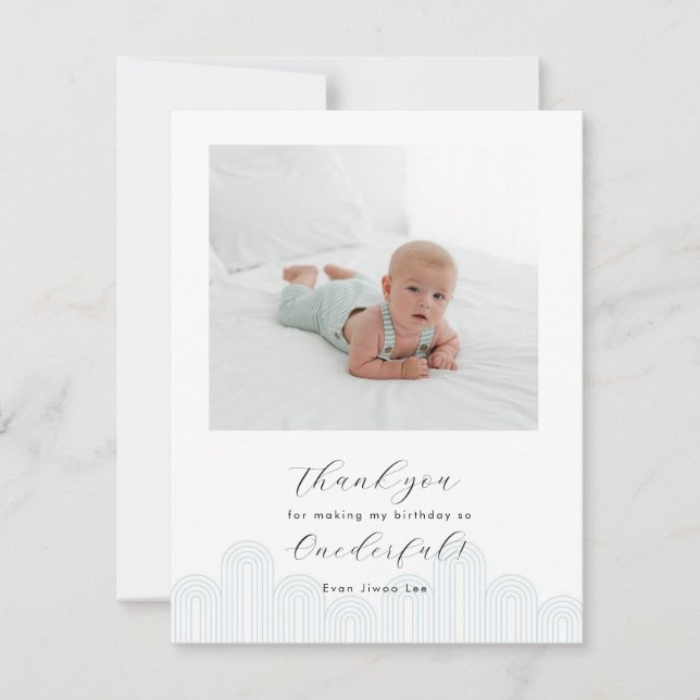 Invitación Blue Korean Dol primera cumpleaños foto gracias (Anverso)