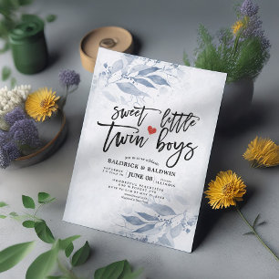 Invitación Blue Leaves Baby Shower Sweet Little Twin Boys