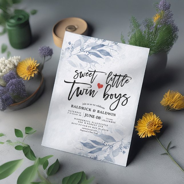 Invitación Blue Leaves Baby Shower Sweet Little Twin Boys (Subido por el creador)