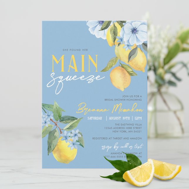Invitación Blue Lemon encontró su principal cortina de novia (Beautiful Blue Watercolor Lemon She Found Her Main Squeeze Bridal Invitations)