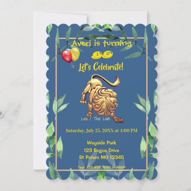 Invitación Blue Leo (23 de julio - 22 de agosto) cumpleaños (Anverso)
